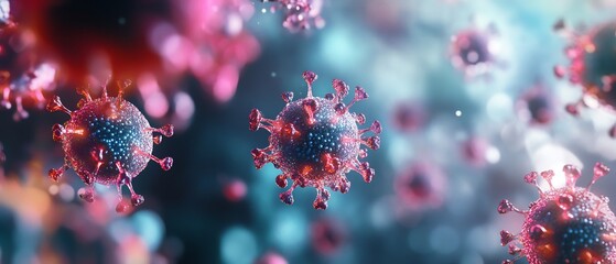 Close-up view of vibrant virus particles illustrating the structure and complexity of microorganisms in a colorful environment.