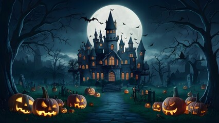 Insane Halloween palace graveyard scene. Tormenting horrible dream hallowenbackground. Automated craftsmanship painting for book illustration,background foundation,
Halloween Concept.