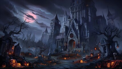 Insane Halloween palace graveyard scene. Tormenting horrible dream hallowenbackground. Automated craftsmanship painting for book illustration,background foundation,
Halloween Concept.