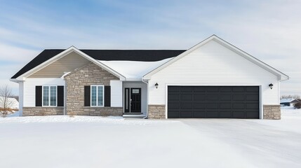 An elegant two-story bungalow features stone and beige walls against a snowy landscape, complemented by stylish black windows and a dark garage door under a cloudy sky