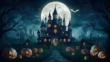 Insane Halloween palace graveyard scene. Tormenting horrible dream hallowenbackground. Automated craftsmanship painting for book illustration,background foundation,
Halloween Concept.