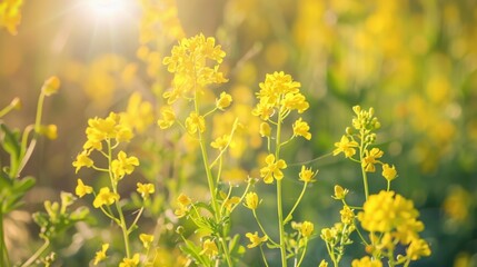 Fototapeta premium A close-up of yellow mustard flowers blooming in a sunlit field