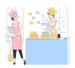 Pastry chef at kitchen. Man and woman preparing homemade cakes. Pastry and bakery. Dessert and delicacy. Catering occupation. Team of bakers with ingredients. Linear vector illustration