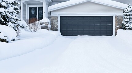 An elegant two-story bungalow features stone and beige walls against a snowy landscape, complemented by stylish black windows and a dark garage door under a cloudy sky