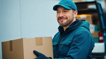 A cheerful delivery worker holding a cardboard box in front of a van, ready for a delivery. 
