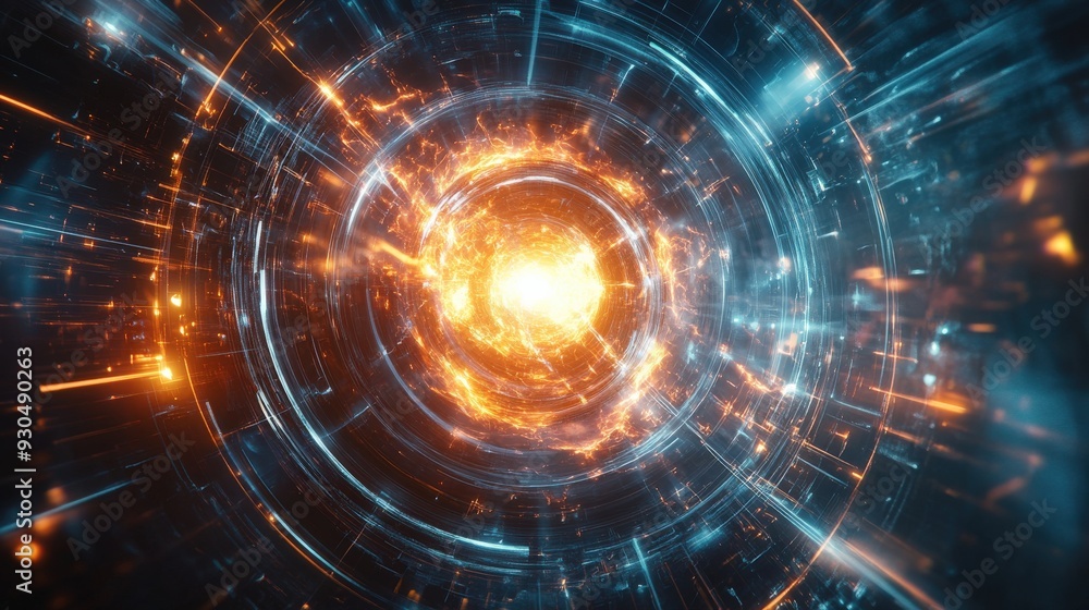Poster a futuristic nuclear reactor generates intense energy amidst glowing particles and intricate digital