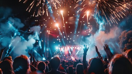 Fototapeta premium A concert scene with fireworks going off above the stage, adding to the excitement of the performance