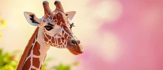 Artistic 3D depiction of a giraffe with a long neck, juxtaposed with a soothing pastel background on the right, emphasizing its commanding presence in the zoo