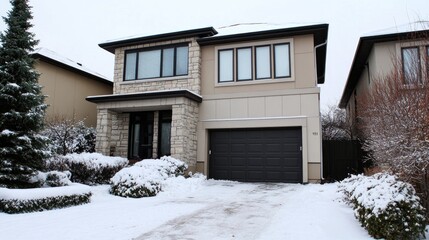 An elegant two-story bungalow features stone and beige walls against a snowy landscape, complemented by stylish black windows and a dark garage door under a cloudy sky