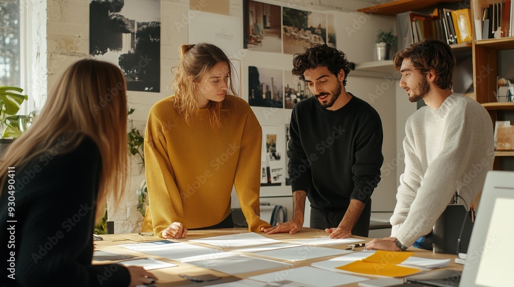 Poster a creative director reviewing a branding presentation with a team, focusing on consistency and visua