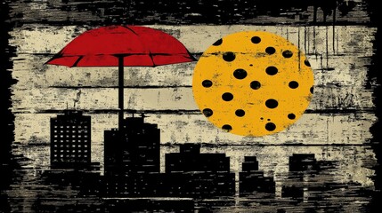 Abstract urban art with red umbrella and yellow circle