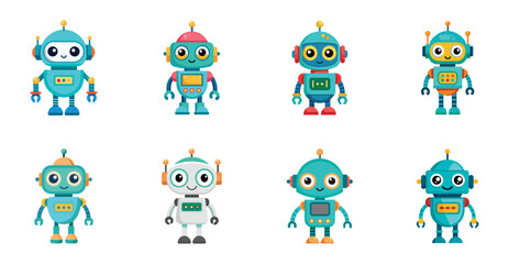 Obraz premium Cute robots with various designs and cheerful expressions. Vector cartoon illustration, children toy.