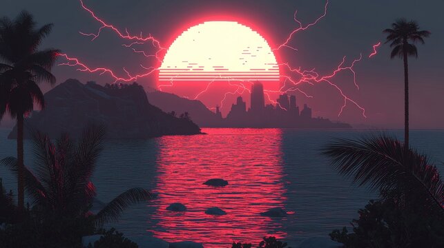 Retro futuristic sunset with glowing neon reflections over ocean