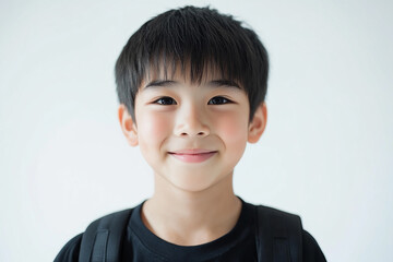 Asian teenage student carrying school bag on white background, student happy back to school