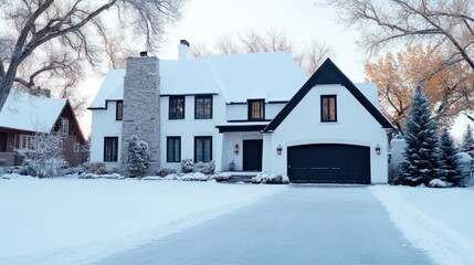 An elegant two-story bungalow features stone and beige walls against a snowy landscape, complemented by stylish black windows and a dark garage door under a cloudy sky