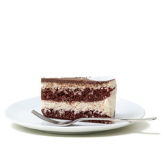 Delicious Chocolate and Cream Layer Cake on White Plate
