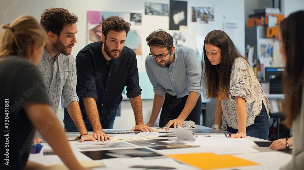 Poster a creative director reviewing a branding presentation with a team, focusing on consistency and visua