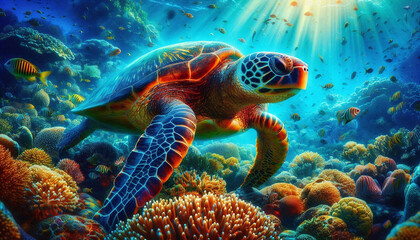 Fototapeta premium 3d illustration of Turtle with coral reef and fish. Generative AI.