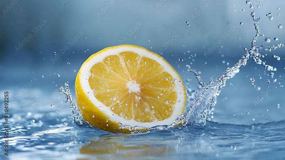 Poster lemon half splashing into water creating a wave