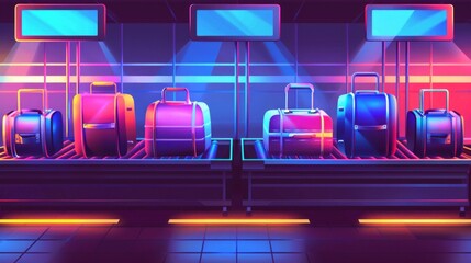 Obraz premium Neon-lit suitcases on airport conveyor belt create vibrant, futuristic display. Numbered and colorful, they stand out in dimly lit setting.