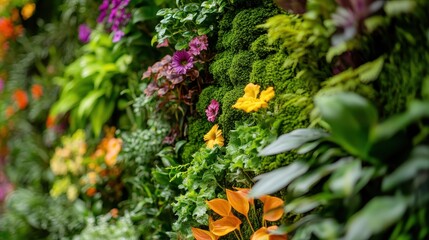 Naklejka premium A lush wall covered with various plants and bright flowers creates a colorful and natural atmosphere