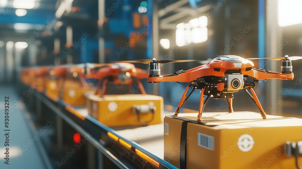 Poster a row of drones autonomously loading and unloading packages at a high-tech logistics center