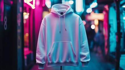 Product Shot of a Trendy White Hoodie with a Vibrant Urban Backdrop