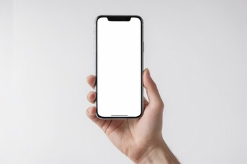 Hand holding smartphone with blank screen in front of white background