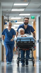 Naklejka premium Healthcare workers guiding a smiling elderly patient on a gurney in a well-lit hospital corridor. They are wearing scrubs and masks, creating a positive recovery setting.