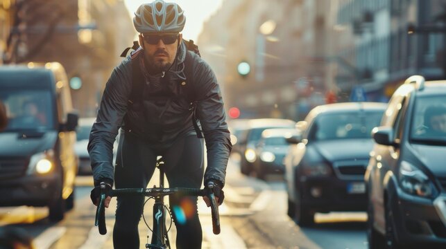 A man in a black jacket rides a bicycle in city traffic during rush hour, distinct with his white helmet and black beard. Busy city scene with bikes and cars.