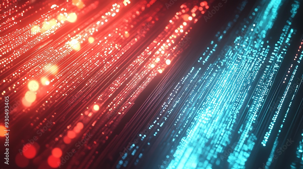 Aufkleber futuristic high-tech data network visualization with radiant nodes and light streams in red, cyan, a