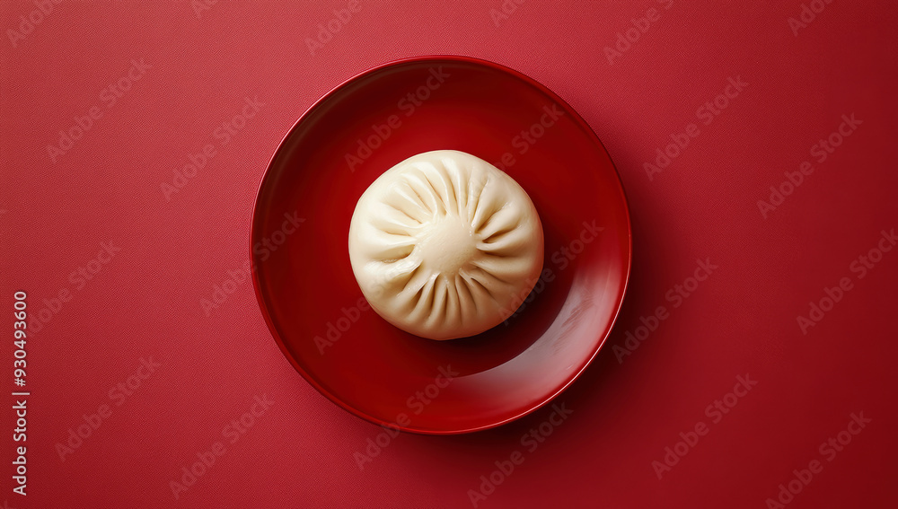 Wall mural Steamed pork bao dumplings served on a red plate, isolated against a red background. Chinese new year concept