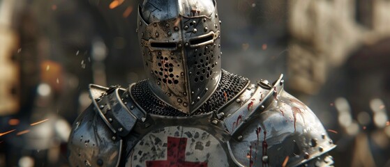 A bloody knight in detailed armor, with a white cross and red outlines on the breastplate, hints at recent battle. Intense and dramatic atmosphere with blurred background knights.