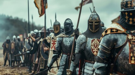Obraz premium A compelling image of medieval knights in disciplined formation for battle. Clad in chain mail with shields and weapons, they exude chivalry and valor under a foreboding sky.