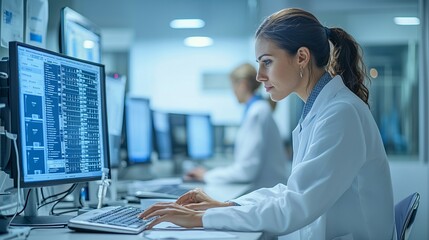 A focused scientist analyzes medical data on a computer, highlighting the role of technology in modern healthcare.