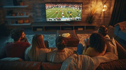 Friends enjoying football in a modern living room with cozy, autumnal touches. A warm, inviting space where friends enjoy football and subtle fall accents.