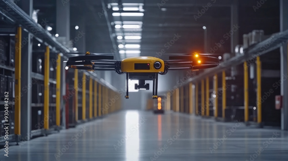 Poster an automated drone delivery system at work in a logistics hub, showcasing the role of automation in 