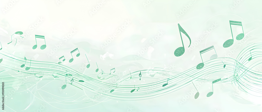 Poster a vector illustration of a music notes banner, featuring a fresh green color palette. the notes are 