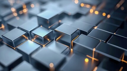 Fototapeta premium A close-up view of metallic cubes with glowing accents, capturing a modern, abstract technology design. Perfect for digital themes.
