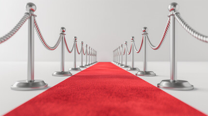 Luxury red carpet and golden stands with ropes on the white background. movie theatre concepts.	