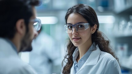 Obraz premium A focused scientist wearing protective goggles in a modern lab, discussing research with a colleague. Laboratory setting, innovation.