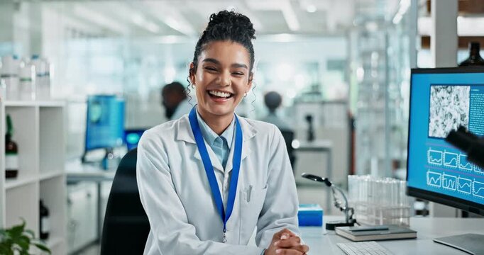 Portrait, science and happy woman on computer for research, study chemistry and biotechnology. Face, data scientist and doctor with analysis, stats and medical info for healthcare innovation in lab