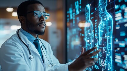 A medical professional interacts with advanced holographic technology, showcasing health data and patient imaging in a modern clinic.