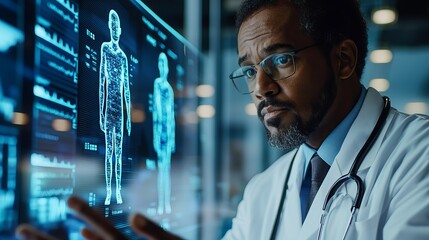A medical professional analyzes advanced health data and patient visuals using tech for better diagnosis and treatment.