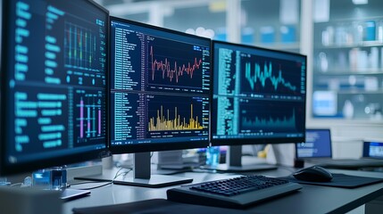 A modern workspace featuring multiple monitors displaying data analytics and financial graphs for business analysis.