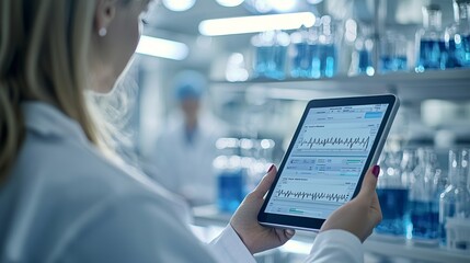 A researcher analyzing data on a tablet in a modern laboratory, surrounded by glass vials filled with blue liquid.