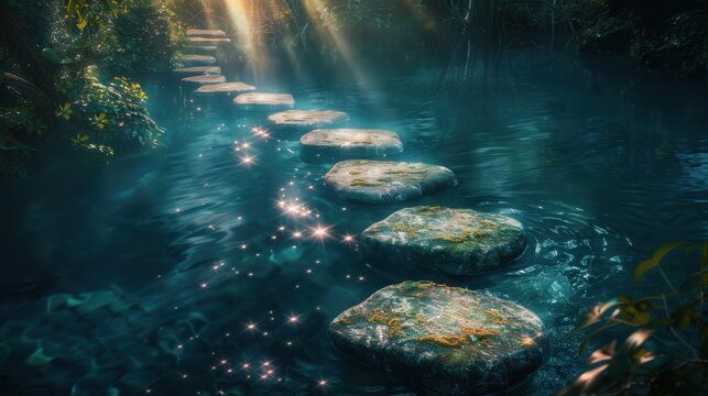 A path of stepping stones leading through a river of light, symbolizing a journey through imagination