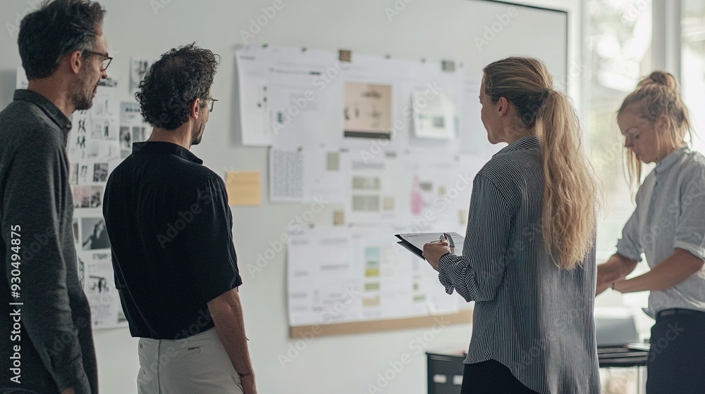 Poster a creative director reviewing a branding presentation with a team, focusing on consistency and visua
