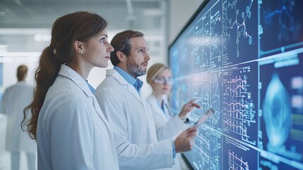 A team of scientists analyzing data on a large digital screen in a modern laboratory setting.