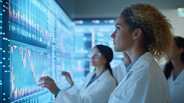 A team of scientists analyzing data on advanced screens, showcasing collaboration and technology in a modern research lab.